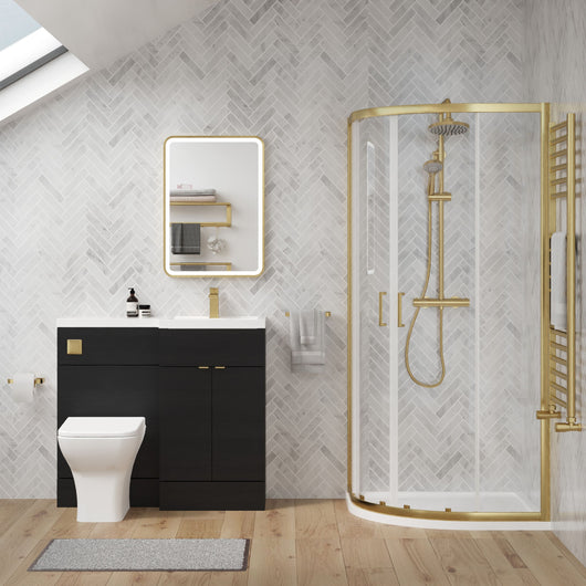  Parkhouse 1100mm Charcoal Black Vanity WC Unit & Brushed Brass Offset Quadrant Shower Enclosure Bathroom Suite