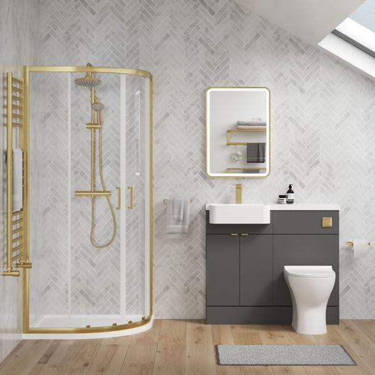  Calver 1000mm Gloss Grey Vanity WC Unit & Brushed Brass Quadrant Shower Enclosure Bathroom Suite