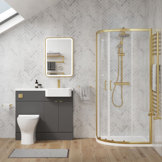  Calver 1100mm Gloss Grey Vanity WC Unit & Brushed Brass Offset Quadrant Shower Enclosure Bathroom Suite