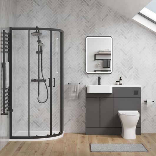  Calver 1000mm Gloss Grey Vanity WC Unit & Black Quadrant Shower Enclosure Bathroom Suite