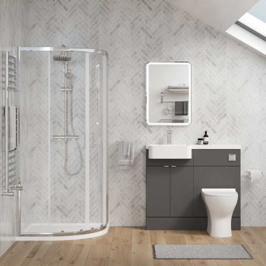  Calver 1100mm Gloss Grey Vanity WC Unit & Chrome Quadrant Shower Enclosure Bathroom Suite