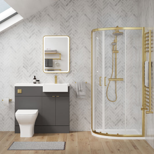  Bradwell 1100mm Gloss Grey Vanity WC Unit & Brushed Brass Offset Quadrant Shower Enclosure Bathroom Suite