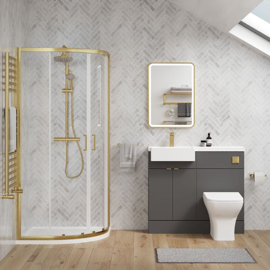  Bradwell 1100mm Gloss Grey Vanity WC Unit & Brushed Brass Quadrant Shower Enclosure Bathroom Suite