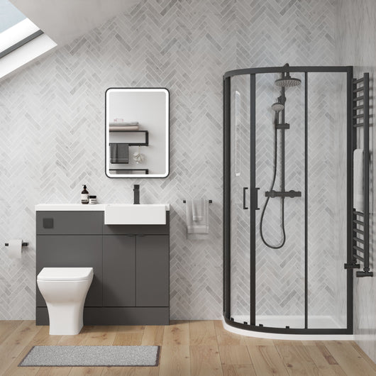  Bradwell 1000mm Gloss Grey Vanity WC Unit & Black Offset Quadrant Shower Enclosure Bathroom Suite