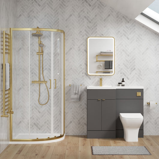  Parkhouse 1100mm Gloss Grey Vanity WC Unit & Brushed Brass Quadrant Shower Enclosure Bathroom Suite