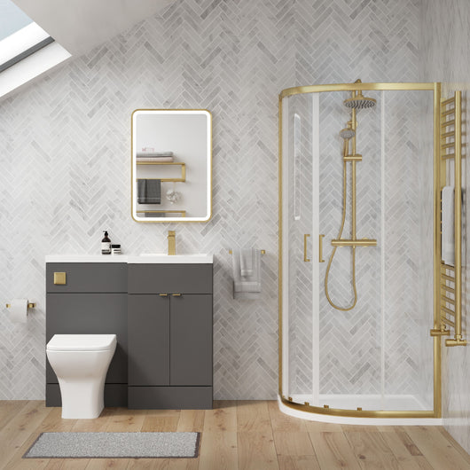  Parkhouse 1100mm Gloss Grey Vanity WC Unit & Brushed Brass Offset Quadrant Shower Enclosure Bathroom Suite