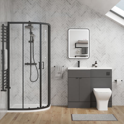  Parkhouse 1000mm Gloss Grey Vanity WC Unit & Black Quadrant Shower Enclosure Bathroom Suite