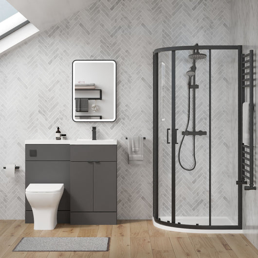  Parkhouse 1000mm Gloss Grey Vanity WC Unit & Black Offset Quadrant Shower Enclosure Bathroom Suite