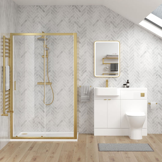  Calver 1000mm Gloss White Vanity WC Unit & Brushed Brass Rectangle Shower Enclosure Bathroom Suite