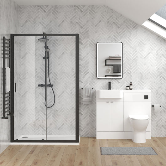  Calver 1000mm Gloss White Vanity WC Unit & Black Rectangle Shower Enclosure Bathroom Suite