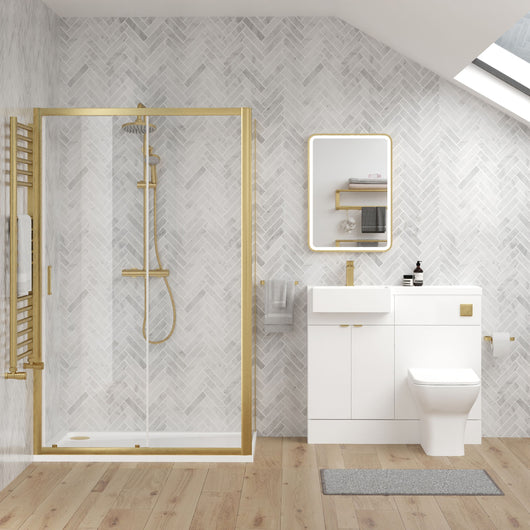  Bradwell 1000mm Gloss White  Vanity WC Unit & Brushed Brass Rectangle Shower Enclosure Bathroom Suite