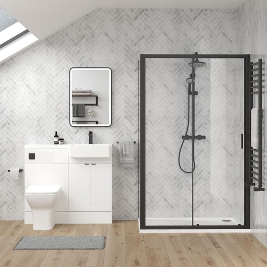  Bradwell 1100mm Gloss White  Vanity WC Unit & Black Rectangle Shower Enclosure Bathroom Suite