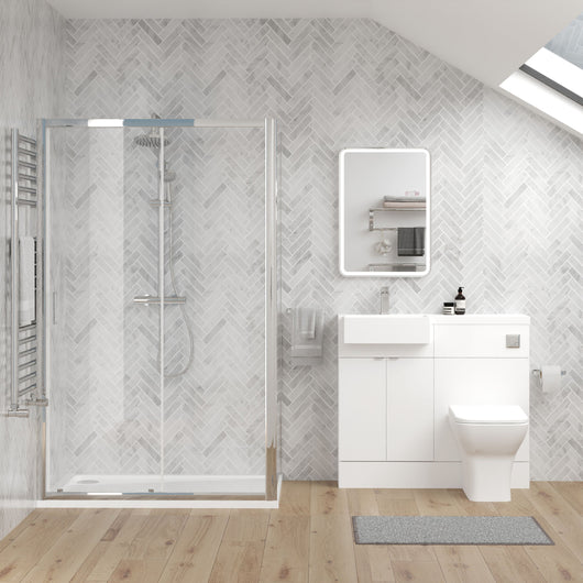  Bradwell 1100mm Gloss White  Vanity WC Unit & Chrome Rectangle Shower Enclosure Bathroom Suite