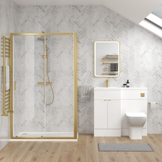  Parkhouse 1100mm Gloss White Vanity WC Unit & Brushed Brass Rectangle Shower Enclosure Bathroom Suite