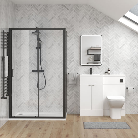  Parkhouse 1100mm Gloss White Vanity WC Unit & Black Rectangle Shower Enclosure Bathroom Suite