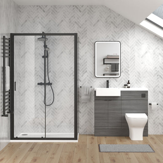  Bradwell 1100mm Anthracite Woodgrain Vanity WC Unit & Black Rectangle Shower Enclosure Bathroom Suite