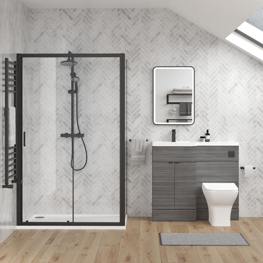  Parkhouse 1000mm Anthracite Woodgrain Vanity WC Unit & Black Rectangle Shower Enclosure Bathroom Suite