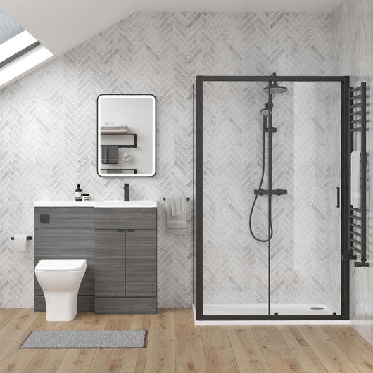  Parkhouse 1100mm Anthracite Woodgrain Vanity WC Unit & Black Rectangle Shower Enclosure Bathroom Suite