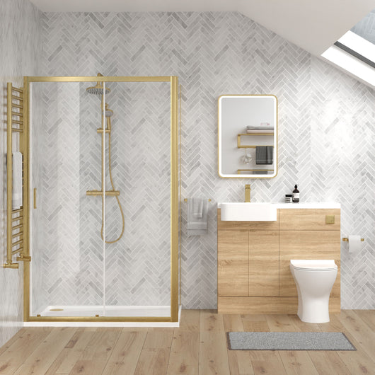  Calver 1100mm Bleached Oak Vanity WC Unit & Brushed Brass Rectangle Shower Enclosure Bathroom Suite