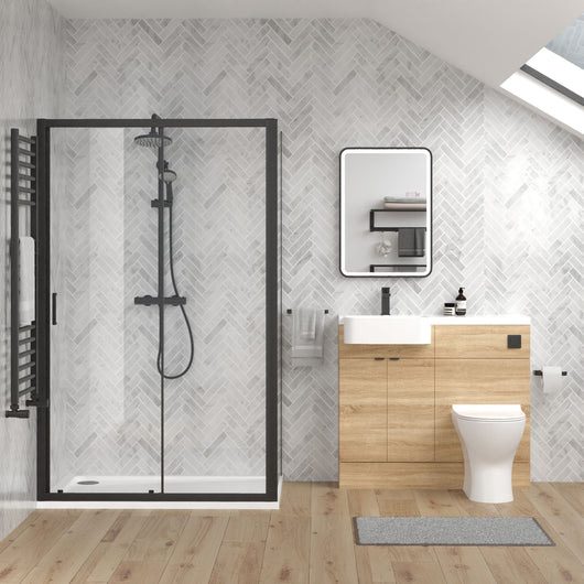  Calver 1000mm Bleached Oak Vanity WC Unit & Black Rectangle Shower Enclosure Bathroom Suite