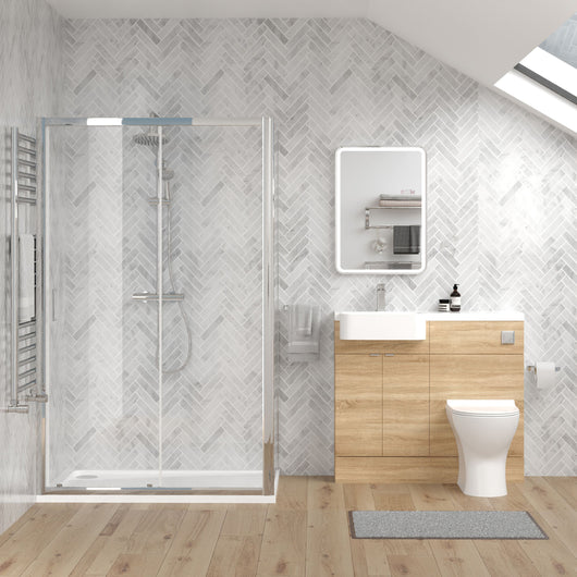  Calver 1100mm Bleached Oak Vanity WC Unit & Chrome Rectangle Shower Enclosure Bathroom Suite