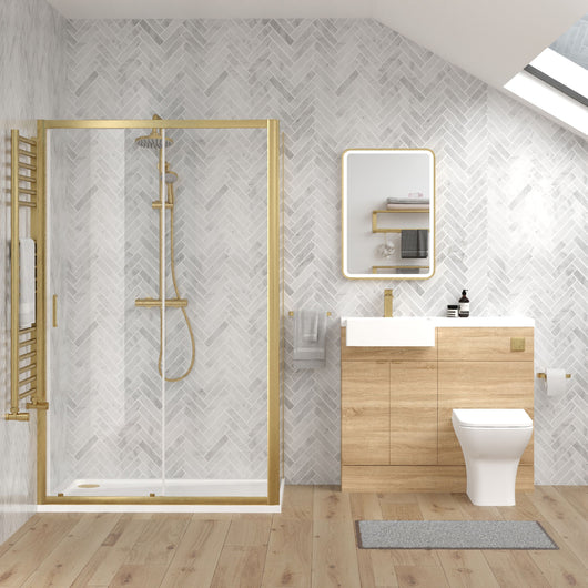  Bradwell 1100mm Bleached Oak Vanity WC Unit & Brushed Brass Rectangle Shower Enclosure Bathroom Suite