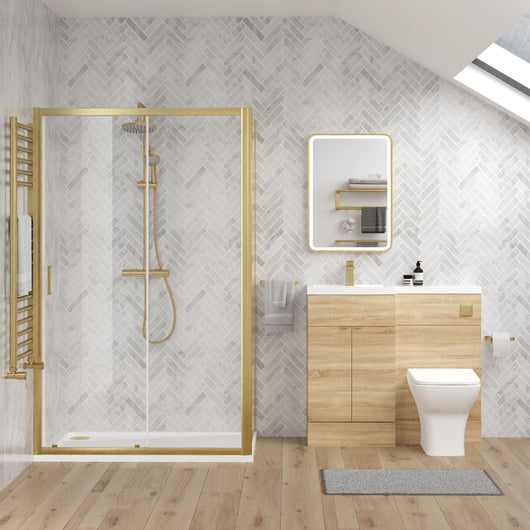  Parkhouse 1000mm Bleached Oak Vanity WC Unit & Brushed Brass Rectangle Shower Enclosure Bathroom Suite