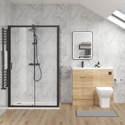  Parkhouse 1100mm Bleached Oak Vanity WC Unit & Black Rectangle Shower Enclosure Bathroom Suite