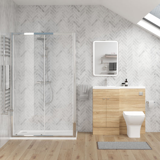  Parkhouse 1100mm Bleached Oak Vanity WC Unit & Chrome Rectangle Shower Enclosure Bathroom Suite