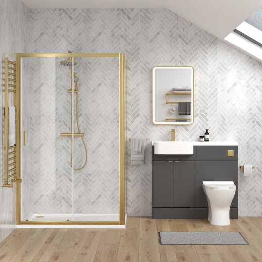  Calver 1000mm Gloss Grey Vanity WC Unit & Brushed Brass Rectangle Shower Enclosure Bathroom Suite