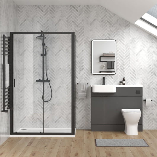  Calver 1100mm Gloss Grey Vanity WC Unit & Black Rectangle Shower Enclosure Bathroom Suite