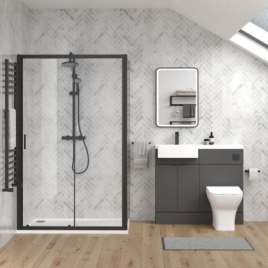  Bradwell 1000mm Gloss Grey Vanity WC Unit & Black Rectangle Shower Enclosure Bathroom Suite