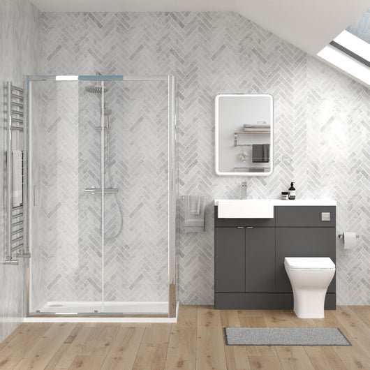  Bradwell 1000mm Gloss Grey Vanity WC Unit & Chrome Rectangle Shower Enclosure Bathroom Suite