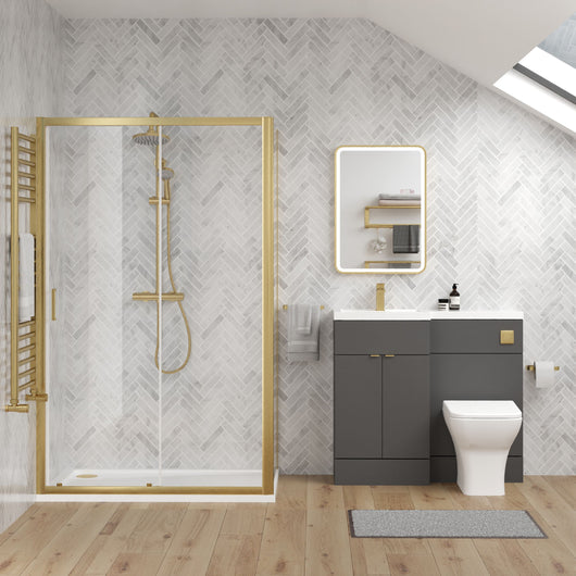  Parkhouse 1000mm Gloss Grey Vanity WC Unit & Brushed Brass Rectangle Shower Enclosure Bathroom Suite