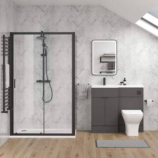  Parkhouse 1100mm Gloss Grey  Vanity WC Unit & Black Rectangle Shower Enclosure Bathroom Suite