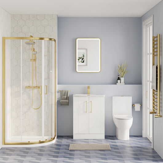  Deco Curved 500mm Satin White Vanity & Brushed Brass Quadrant Shower Enclosure Bathroom Suite