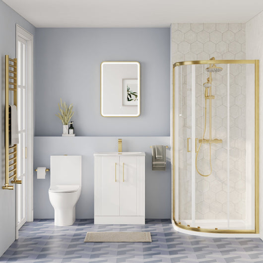  Deco Curved 500mm Satin White Vanity & Brushed Brass Offset Quadrant Shower Enclosure Bathroom Suite