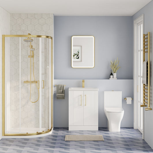  Deco Squared 600mm Satin White Vanity & Brushed Brass Quadrant Shower Enclosure Bathroom Suite