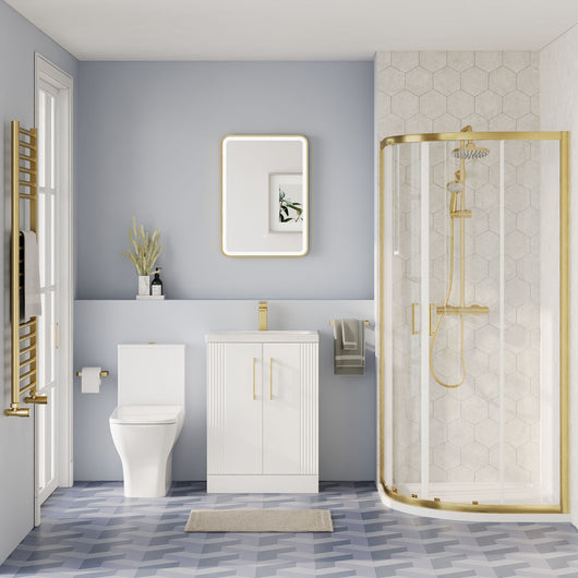  Deco Squared 500mm Satin White Vanity & Brushed Brass Offset Quadrant Shower Enclosure Bathroom Suite