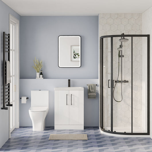  Deco Squared 500mm Satin White Vanity & Black Offset Quadrant Shower Enclosure Bathroom Suite