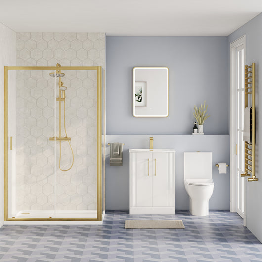  Deco Curved 600mm Satin White Vanity & Brushed Brass Rectangle Shower Enclosure Bathroom Suite