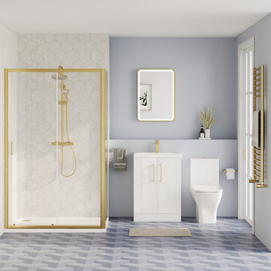  Deco Squared 600mm Satin White Vanity & Brushed Brass Rectangle Shower Enclosure Bathroom Suite