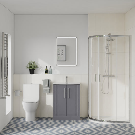  Deco Curved 500mm Satin Grey Vanity & Chrome Offset Quadrant Shower Enclosure Bathroom Suite