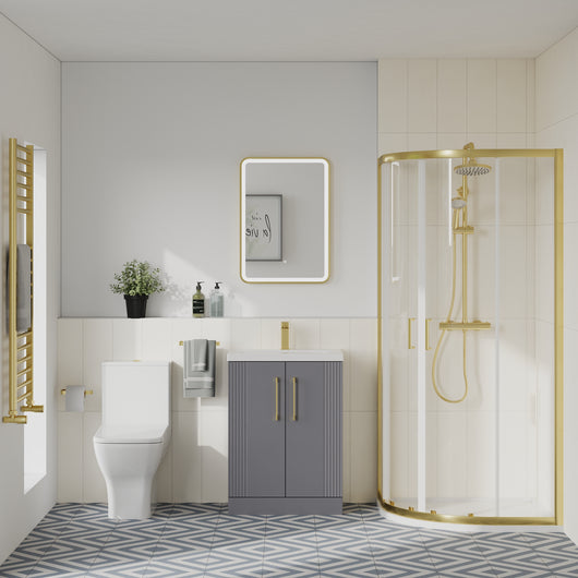  Deco Squared 600mm Satin Grey Vanity & Brushed Brass Offset Quadrant Shower Enclosure Bathroom Suite