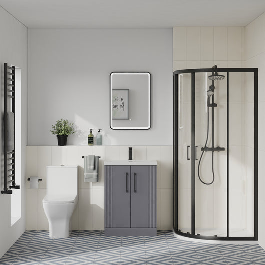  Deco Squared 600mm Satin Grey Vanity & Black Quadrant Shower Enclosure Bathroom Suite