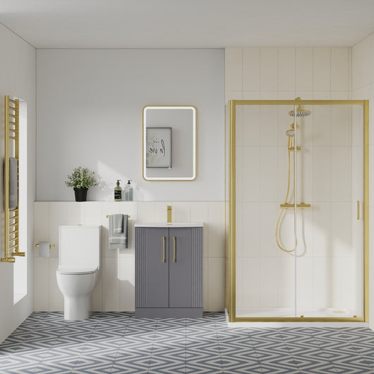  Deco Curved 500mm Satin Grey Vanity & Brushed Brass Rectangle Shower Enclosure Bathroom Suite