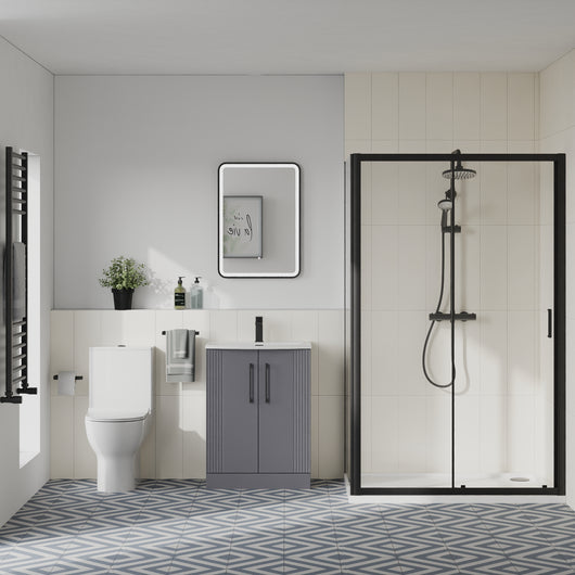  Deco Curved 500mm Satin Grey Vanity & Black Rectangle Shower Enclosure Bathroom Suite