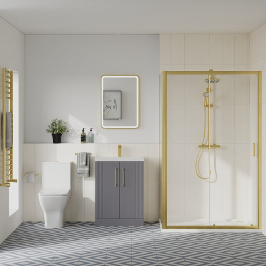  Deco Squared 500mm Satin Grey Vanity & Brushed Brass Rectangle Shower Enclosure Bathroom Suite