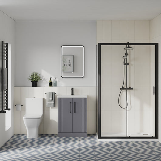  Deco Squared 600mm Satin Grey Vanity & Black Rectangle Shower Enclosure Bathroom Suite