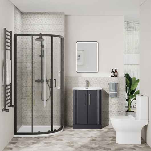  Deco Curved 500mm Soft Black Vanity & Black Quadrant Shower Enclosure Bathroom Suite